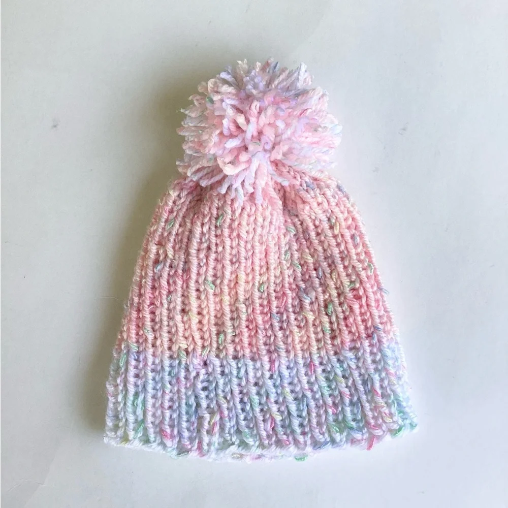 Beanie Pom Pom Hand Crafted Pastel Knit Pink White